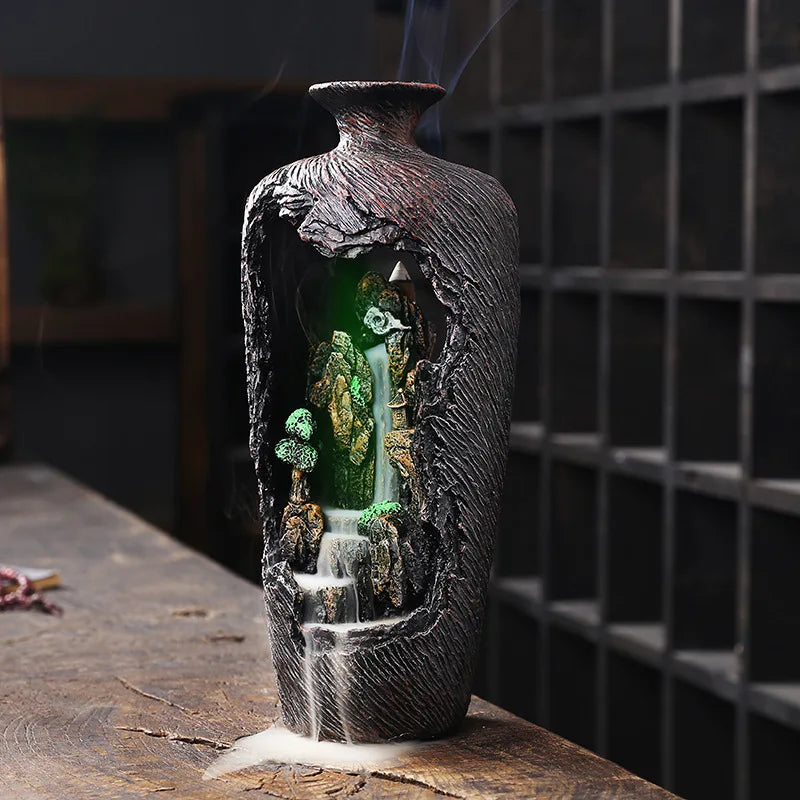 Resin World Wonderland Backflow Aromatherapy Stove, High Mountains Flowing Water LED Colored Light Backflow Aromatherapy Stand