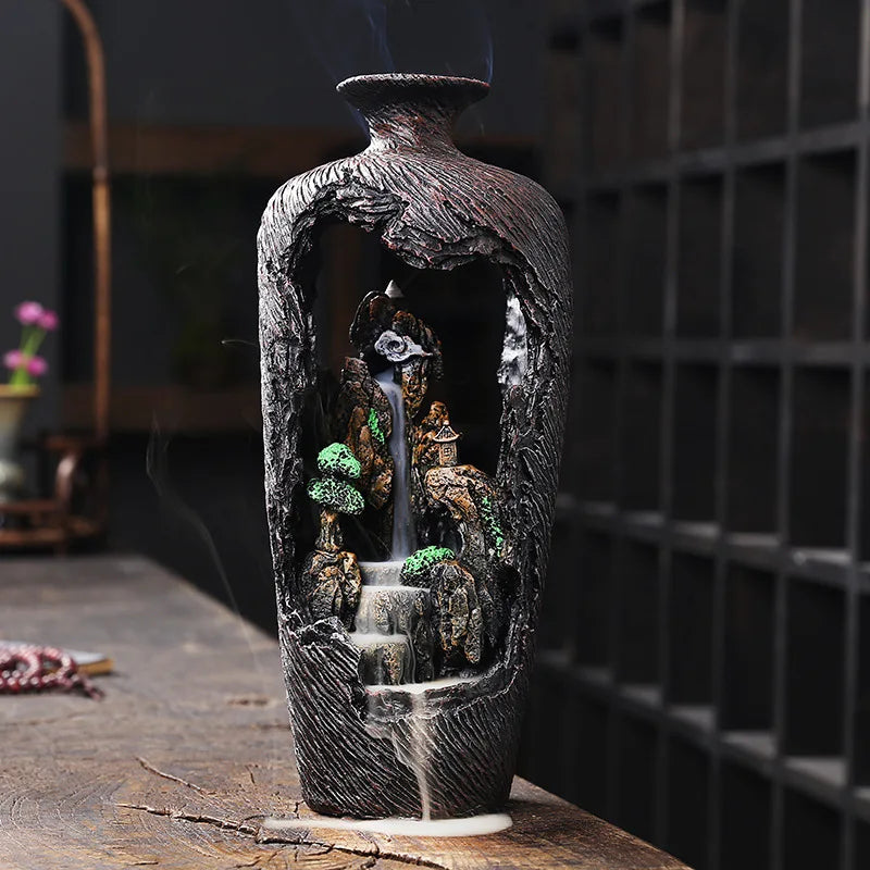 Resin World Wonderland Backflow Aromatherapy Stove, High Mountains Flowing Water LED Colored Light Backflow Aromatherapy Stand